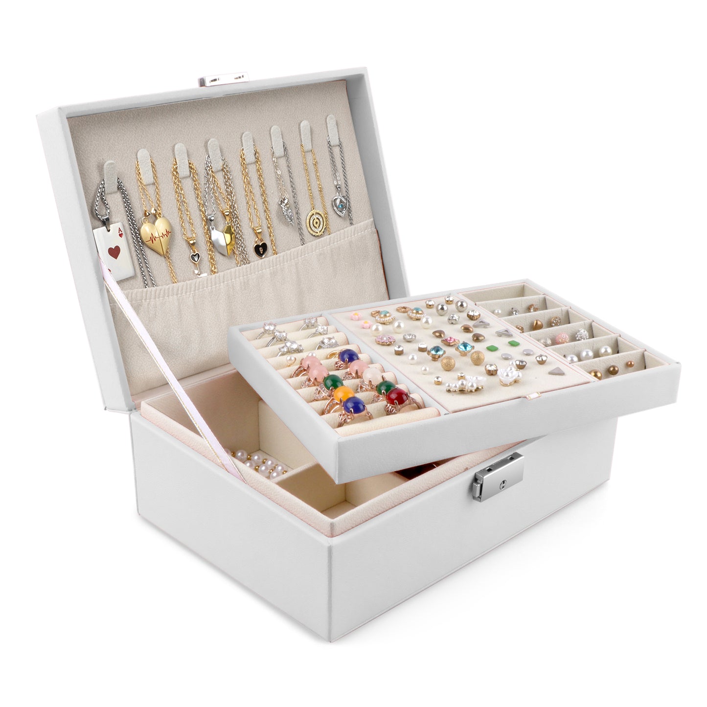 Jewelry Box with Lock, 2 Layer Large Capacity Jewelry Organizer, Adjustable Velvet Interior, PU Leather Jewelry Storage Case for Women, Gift for Her