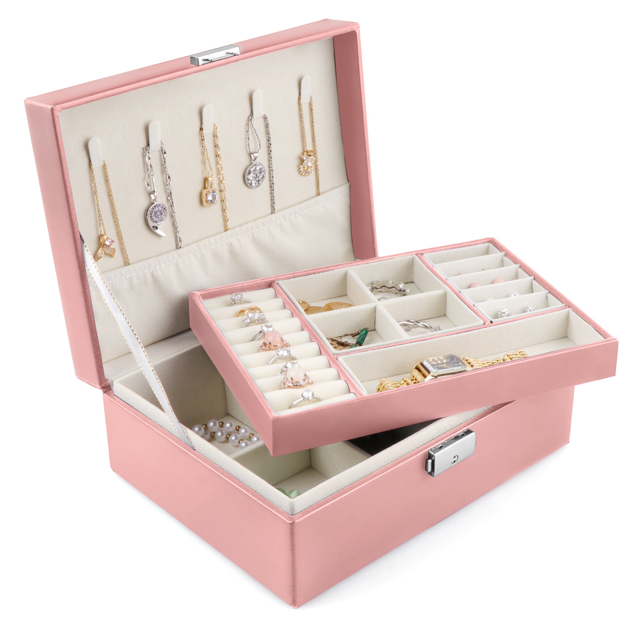 Jewelry Box with Lock, 2 Layer Large Capacity Jewelry Organizer, Adjustable Velvet Interior, PU Leather Jewelry Storage Case for Women, Gift for Her