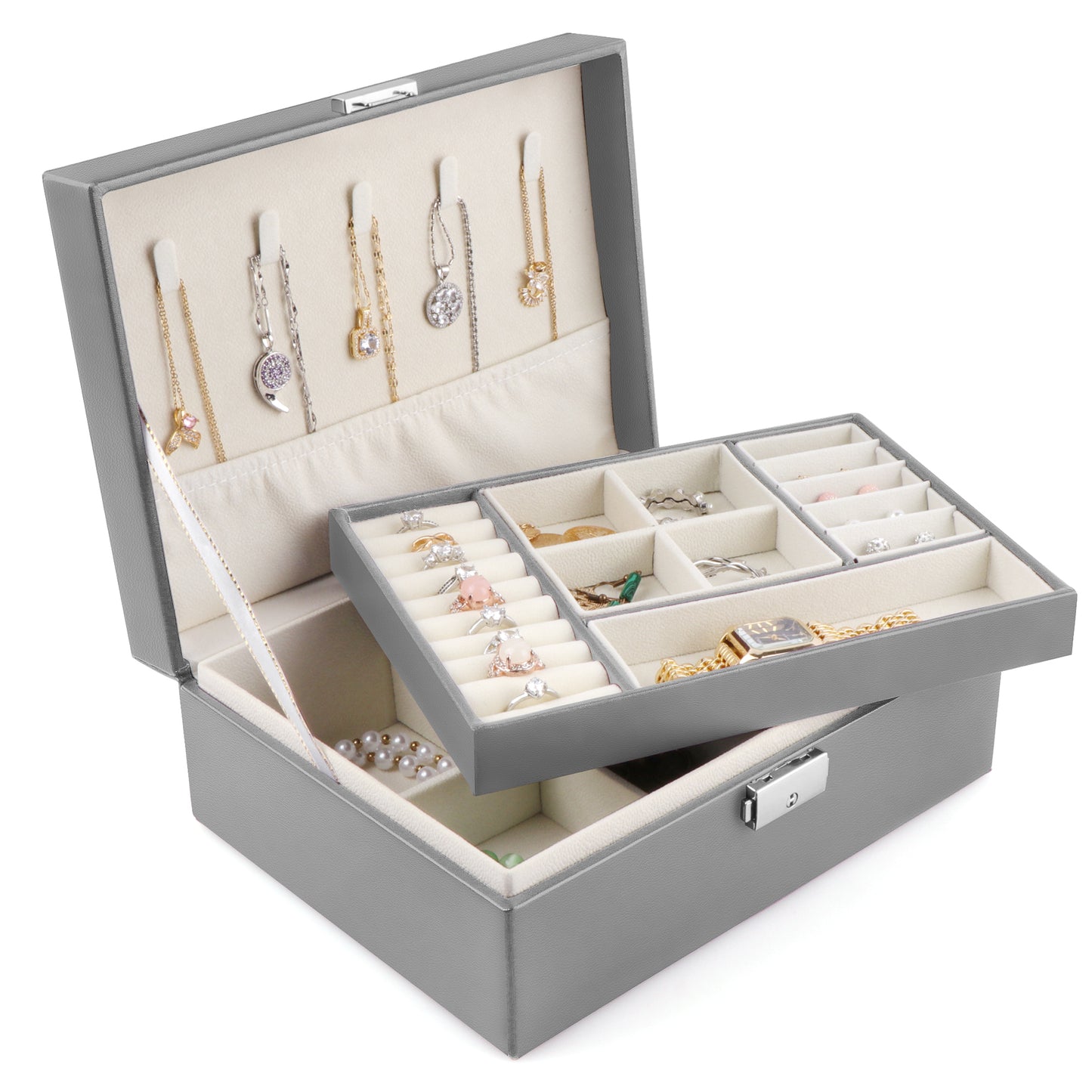 Jewelry Box with Lock, 2 Layer Large Capacity Jewelry Organizer, Adjustable Velvet Interior, PU Leather Jewelry Storage Case for Women, Gift for Her