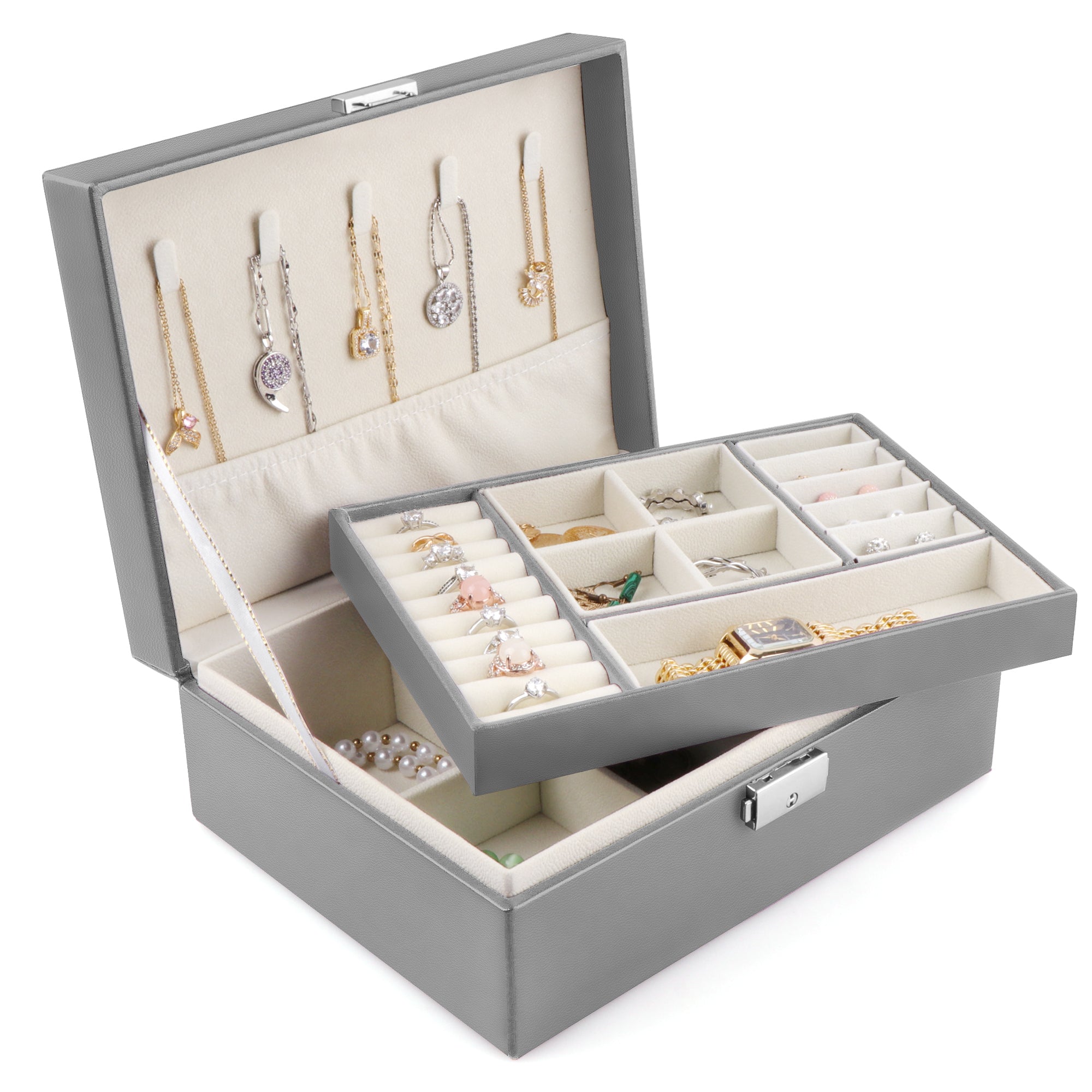 Jewelry Box with Lock, 2 Layer Large Capacity Jewelry Organizer, Adjustable Velvet Interior, PU Leather Jewelry Storage Case for Women, Gift for Her