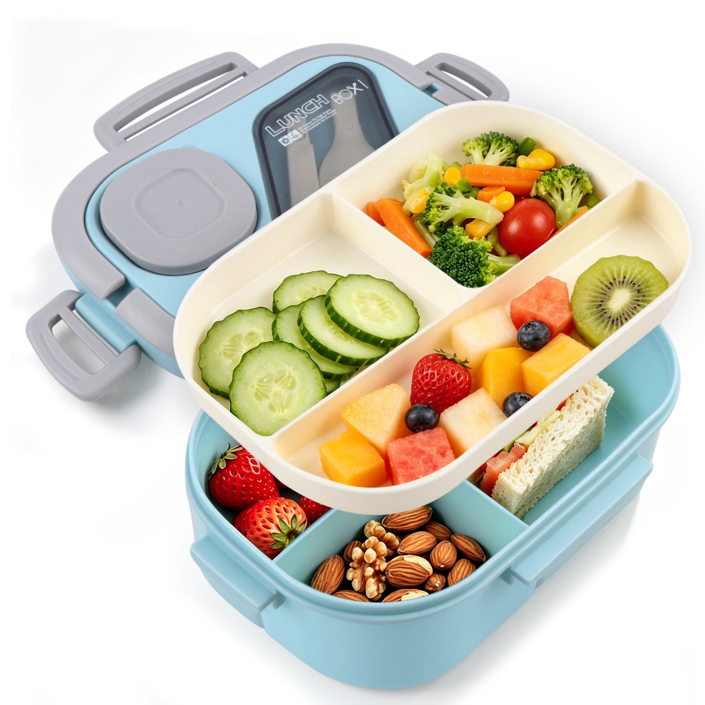 Adults Bento Lunch Box,Salad Container Large 43oz Salad Bowl, Bento-Style Tray for Toppings, 3oz Sauce Container for Dressings, and Built-In Reusable Fork