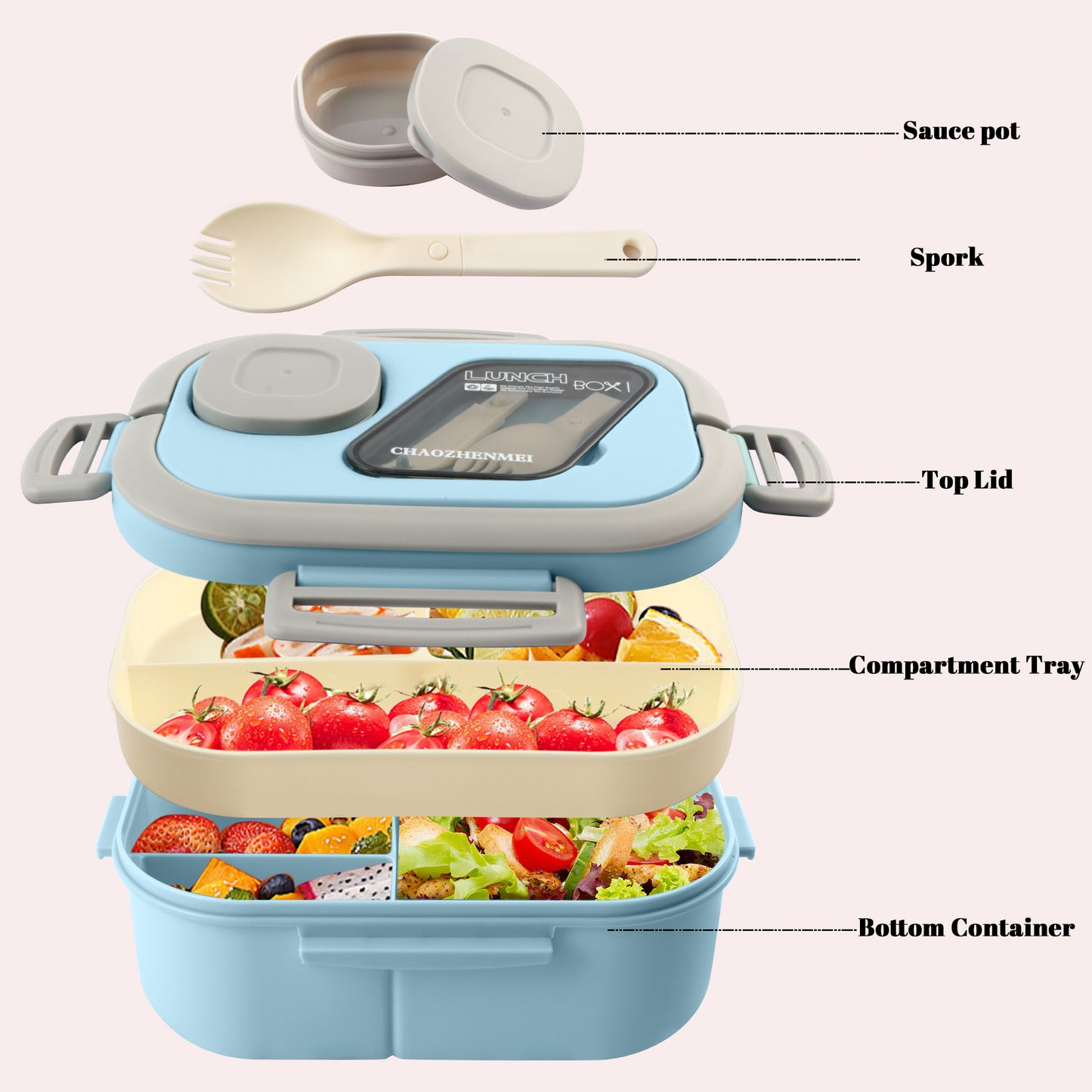 Adults Bento Lunch Box,Salad Container Large 43oz Salad Bowl, Bento-Style Tray for Toppings, 3oz Sauce Container for Dressings, and Built-In Reusable Fork