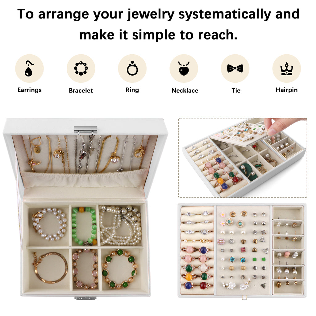 Jewelry Box with Lock, 2 Layer Large Capacity Jewelry Organizer, Adjustable Velvet Interior, PU Leather Jewelry Storage Case for Women, Gift for Her