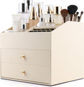 Makeup Organizer with Drawers - PU Leather Cosmetic Storage Box for Skincare, Lipstick & Brushes