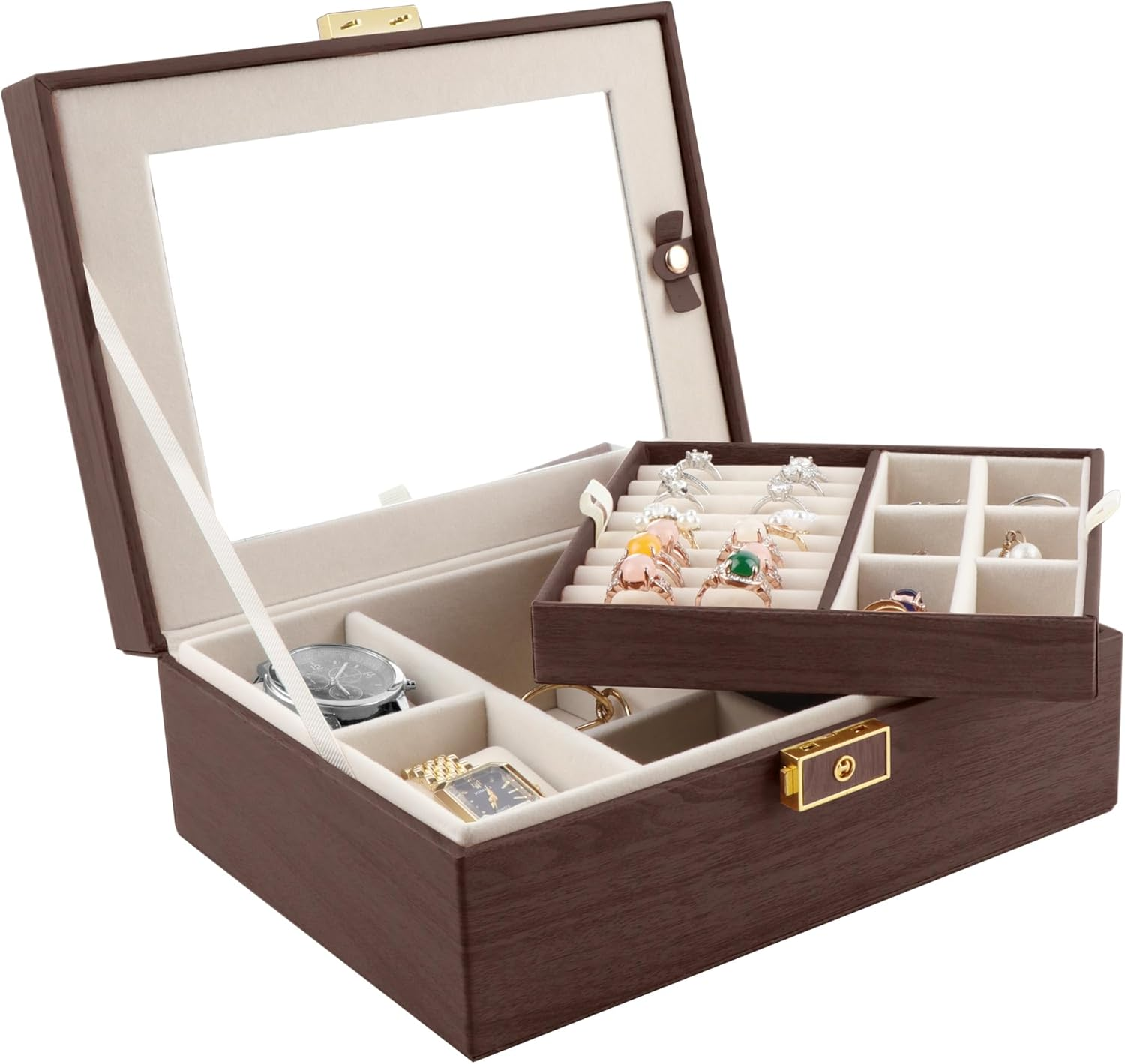 Jewelry Box with Mirror - 2-Layer Travel Jewelry Organizer, Large Waterproof PU Leather Storage Case for Women & Girls